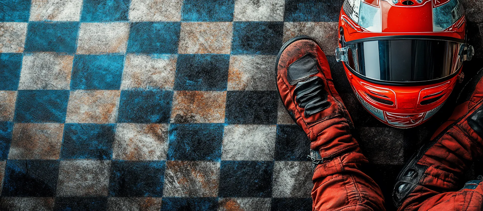 Casco y bota de competición sobre piso a cuadros de pista